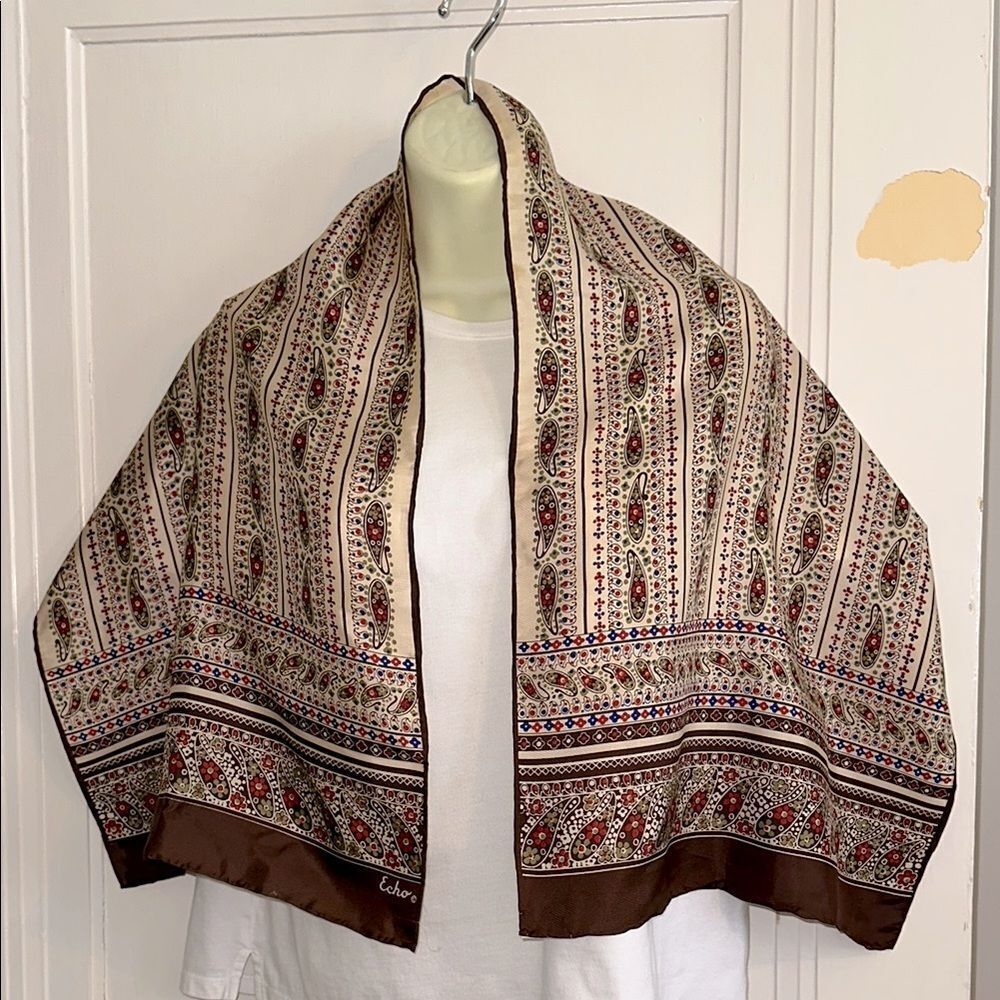 Vintage 60s/70 Echo Paisley Brown,Cream, Green & Blue Long Chinon/Silk Scarf‎